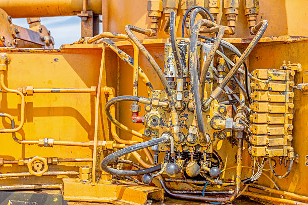 istock Hydraulic pressure system, hoses, fittings and levers on control 637252034