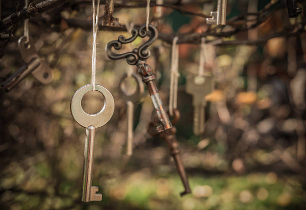 The original design. Old keys on the background of the autumn garden