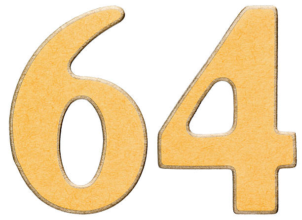 istock 64, sixty four, numeral of wood combined with yellow insert, 637258810