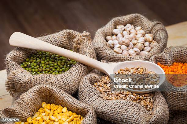 Bags Of Peas Chick Peas Red Lentils Wheat Green Mung Stock Photo - Download Image Now