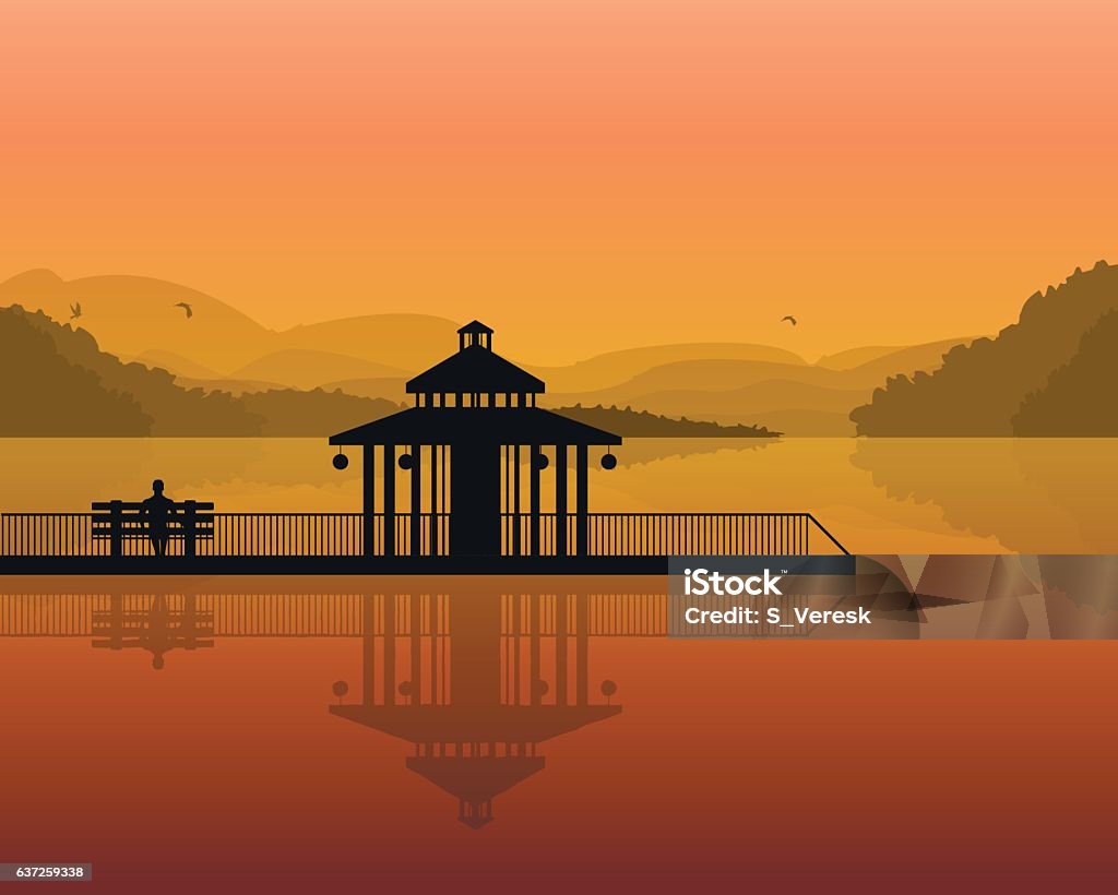 landscape silhouette of a man on a bench, and house landscape - silhouette of a man on a bench, and house on the background of the mountains, the sky with reflection in water. Adult stock vector