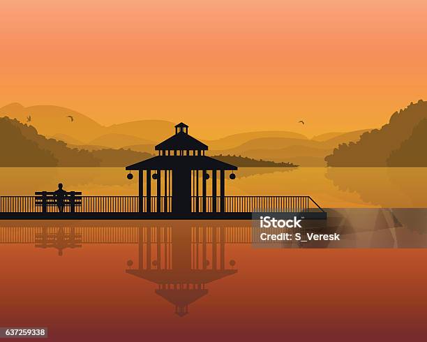 Landscape Silhouette Of A Man On A Bench And House Stock Illustration - Download Image Now