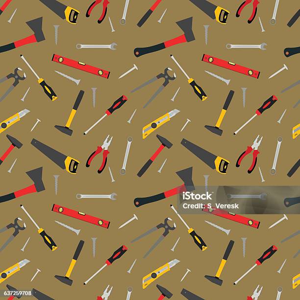 Seamless Pattern Of Hand Work Tools Stock Illustration - Download Image Now - Axe, Building - Activity, Business