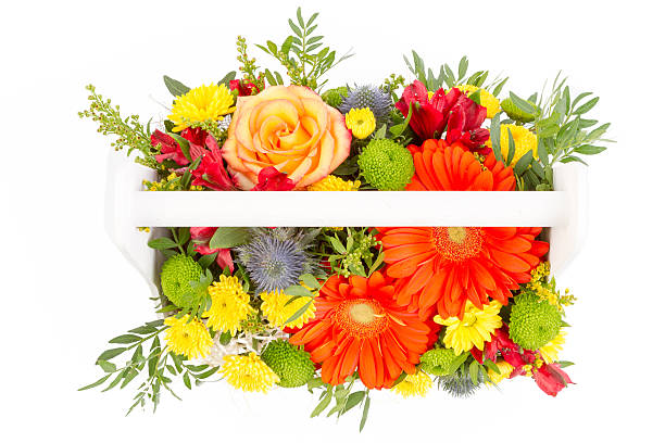 Bright buketny composition from fresh flowers, the white background