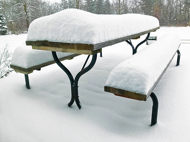 istock picnic table buried in snow. 637266340