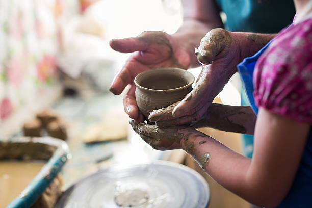 istock Girl making a clay bowl on sculpting wheel 637266914