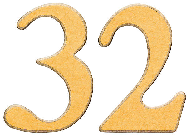 istock 32, thirty two, numeral of wood combined with yellow insert, 637267502