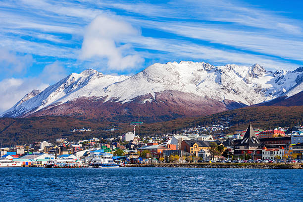 Ushuaia aerial view, Argentina Ushuaia aerial view. Ushuaia is the capital of Tierra del Fuego province in Argentina. beagle channel stock pictures, royalty-free photos & images