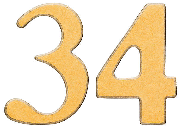 istock 34, thirty four, numeral of wood combined with yellow insert, 637268302