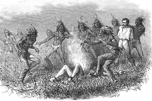 Steel engraving Group of native americans killing white settlers from 1868