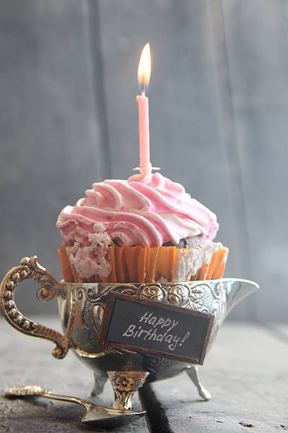 Cupcake and birthday candle. Vintage composition.