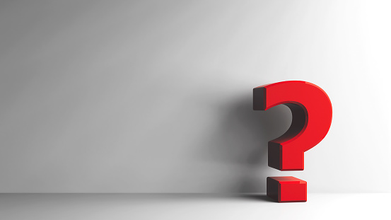 Red Question mark on grey background, three-dimensional rendering, 3D illustration