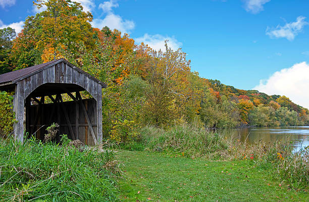 istock wooden covered bridge in Michigan 637282772