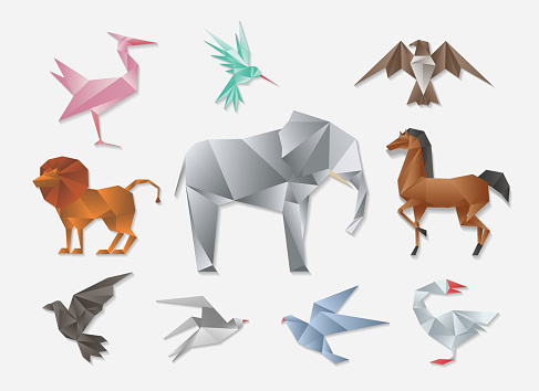 Origami animals. Vector 3d paper japanese animal set. Elephant and horse, lion and dove. Decoration of flat design geometric animal illustration