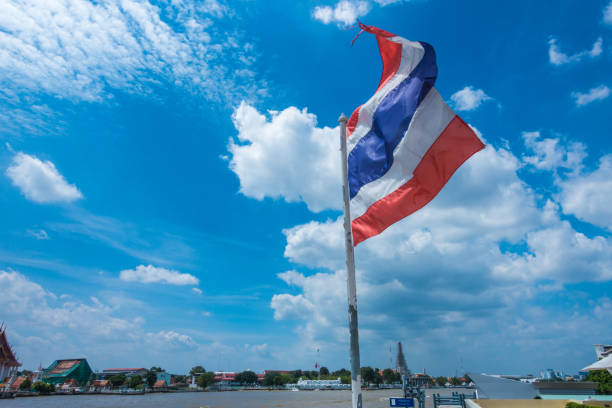 istock Thailand flag blowing in the wind above the river 637284762