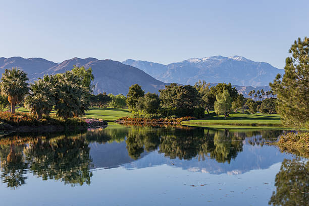 Mountain Course at the Vintage Club Beautiful Landscape on the golf course inside the Vintage Club with the San Jacinto Mountains in the distance. palm desert pool stock pictures, royalty-free photos & images