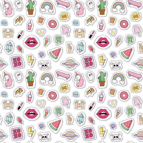 Seamless pattern fashion patch badges. Hand drawn vector stickers. Doodle pop art sketch seamless pattern. Bright elements embroidery, applique retro background.