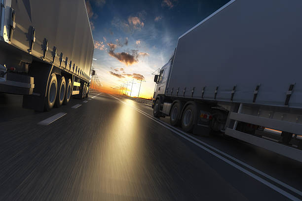 rendering 3d del concetto di trasporto generico all'alba - truck horizontal shipping road foto e immagini stock