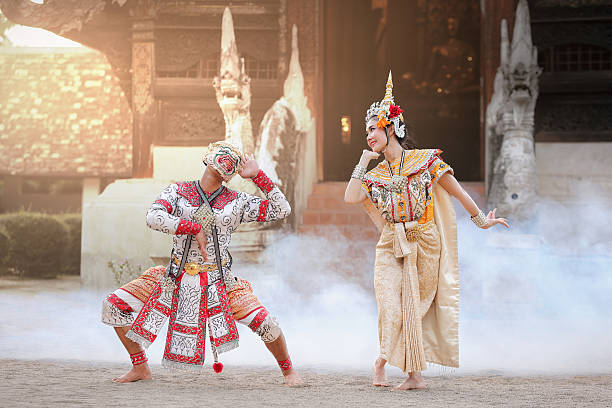 Hanuman and Suvannamaccha in Thai Ramayana Hanuman and Suvannamaccha in Thai classical mask dance of the Ramayana drama ramayana stock pictures, royalty-free photos & images