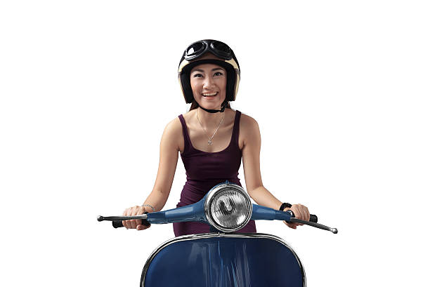 istock Asian woman riding a blue scooter 637291892