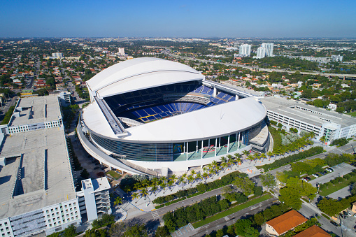 Miami, USA - December 29, 2016: Aerial photo of the Marlins Park Stadium Miami located at 501 Marlins Park Way and home to the Florida Marlins Baseball Team. 