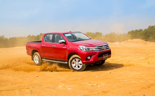 Hanoi, Vietnam - Nov 17, 2016: Toyota Hilux 2016 all new car is running on the test offroad in Vietnam.