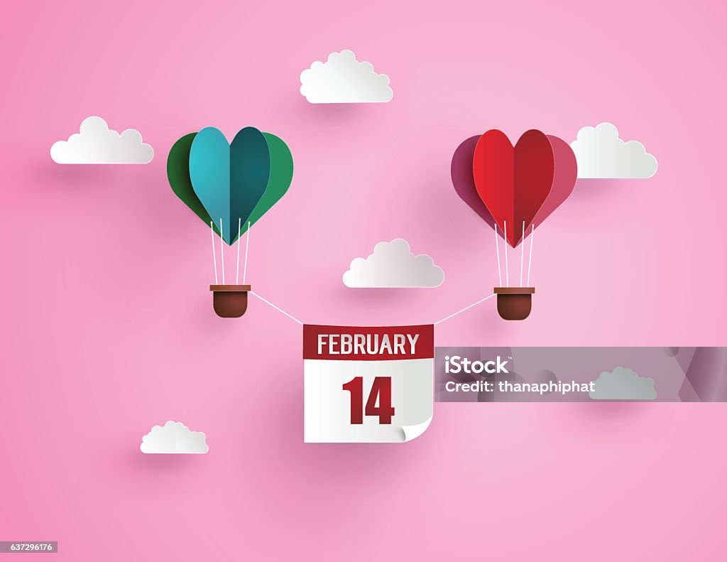 hot air balloon in a heart shape. Illustration of love and valentine day,Origami made hot air balloon in a heart shape with massege 14 february floating on the sky.paper art and craft style. Valentine Card stock vector