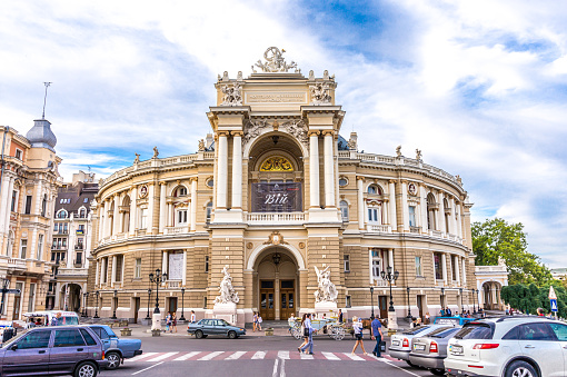 Odessa city, Ukraine - June 03, 2014: Magnificent architecture and decoration of the Odessa National Academic Theater of Opera and Ballet. The exterior facade of the Opera house. Art and architecture of Odessa. Deribasovska street, the cultural center of Odessa
