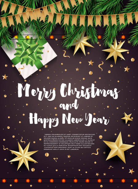 Merry Christmas and Happy New Year. Merry Christmas and Happy New Year. Greeting Card with Fir Branches, Neon Garland and Golden Flags. Vector Illustration. flaglets stock illustrations