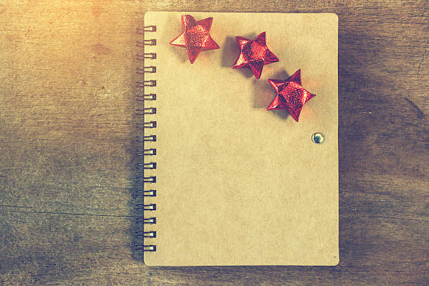 istock Blank Notebook With Stars On Wooden Background, Christmas 637296618