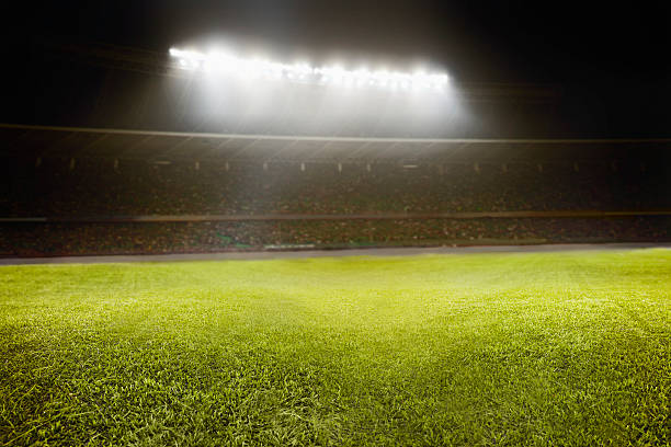 View of athletic soccer football field View of athletic soccer football field match lighting equipment photos stock pictures, royalty-free photos & images