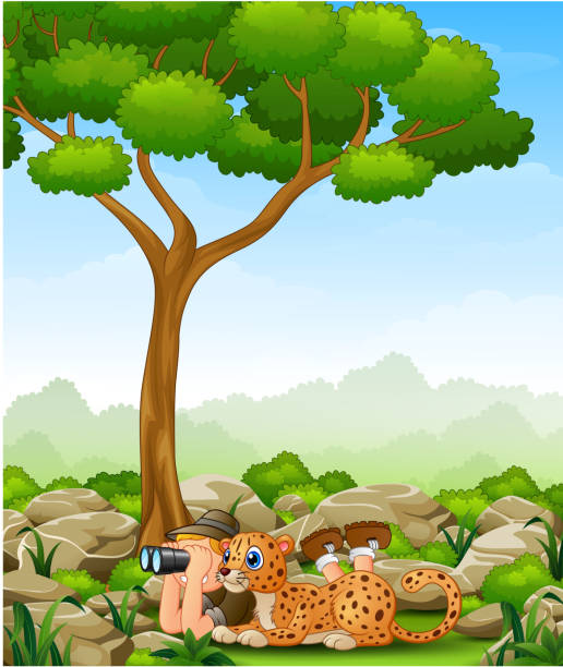 illustrations, cliparts, dessins animés et icônes de cartoon boy s’allonger à l’aide de jumelles avec un léopard - discovery binoculars boy scout searching