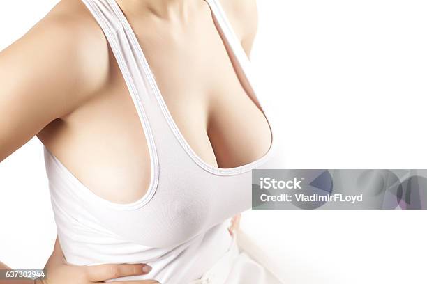 Women With Large Breasts In A White Shirt Stock Photo - Download Image Now - Breast, Large, Women