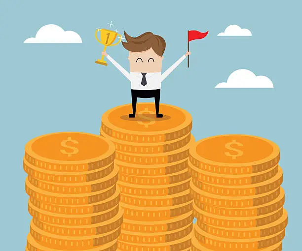 Vector illustration of Businessman Standing on Stack of Gold Coin with Trophy and