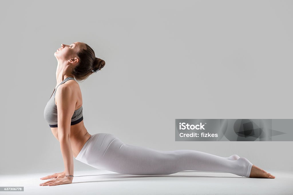 Young woman in Urdhva mukha shvanasana pose, grey studio backgro Young attractive woman practicing yoga, standing in upward facing dog exercise, Urdhva mukha shvanasana pose, working out wearing sportswear, indoor full length, isolated, grey studio background Pilates Stock Photo