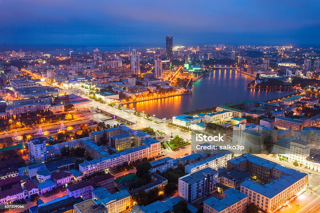 Yekaterinburg aerial panoramic view Yekaterinburg aerial panoramic view at night. Ekaterinburg is the fourth largest city in Russia and the centre of Sverdlovsk Oblast located in the Eurasian continent on the border of Europe and Asia. Yekaterinburg Stock Photo