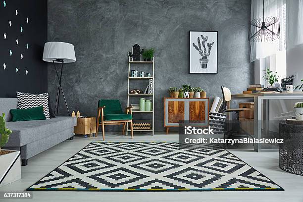 Grey Room With Pattern Carpet Stock Photo - Download Image Now - Carpet - Decor, Living Room, Cement