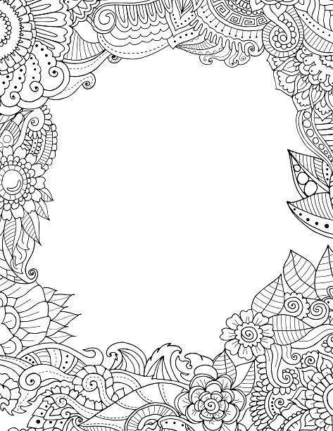 Doodle frame isolated on white Hand drawn vertical flourish frame isolated on white coloring page border stock illustrations