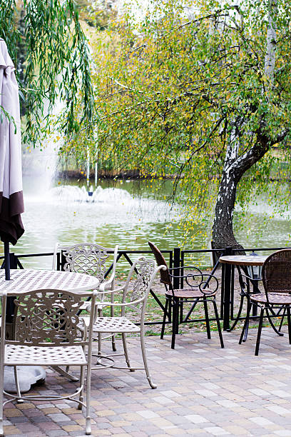 istock pair of tables by the lake, 637321716
