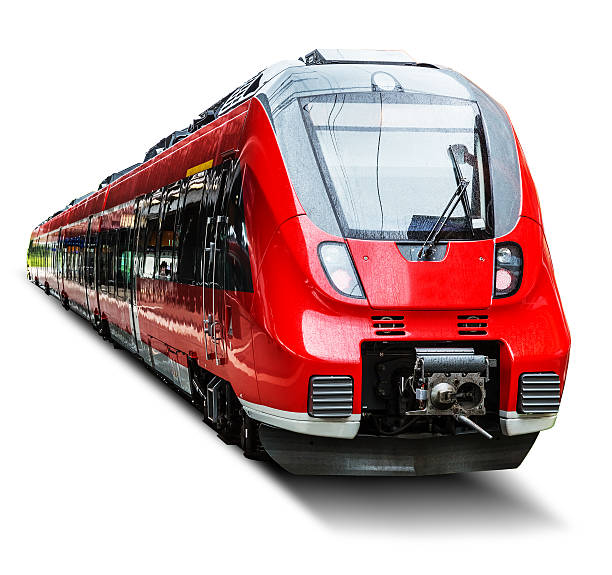 Modern high speed train isolated on white Creative abstract railroad travel and railway tourism transportation industrial concept: red modern high speed passenger commuter train isolated on white background high speed train photos stock pictures, royalty-free photos & images