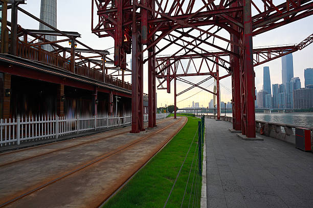 istock Empty road and iron tower with city landmark architecture backgrounds 637324844