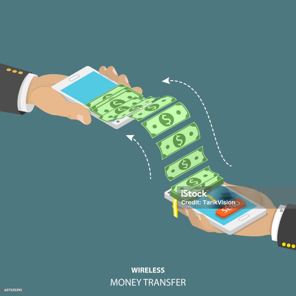 Wireless money transfer isometric vector illustration. Wireless money transfer isometric vector illustration. Two smartphones in men's hands and bundle of the banknotes flying from one smartphone to the other. Currency stock vector