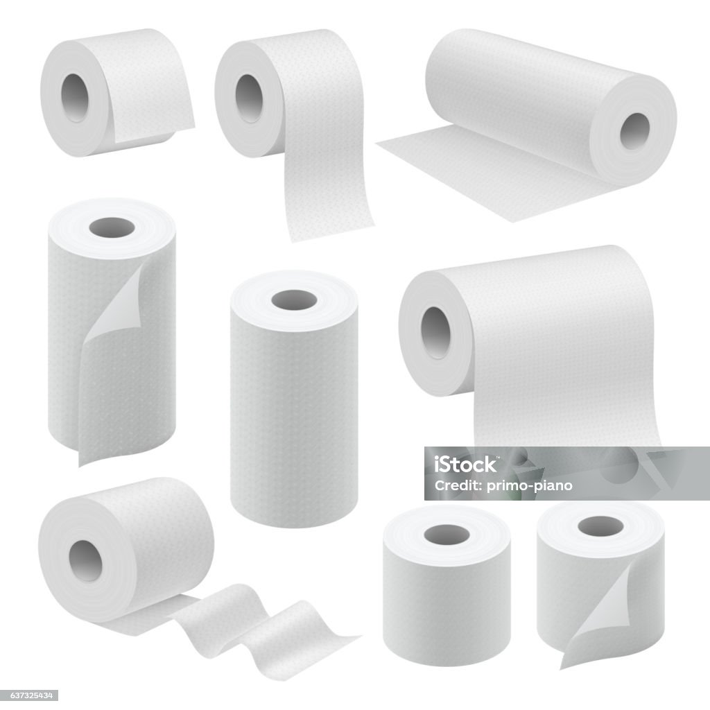 Realistic paper roll mock up set Realistic paper roll mock up set isolated on white background vector illustration. Blank white 3d model kitchen towel, toilet paper roll, cash register tape, thermal fax roll. Template collection Paper stock vector