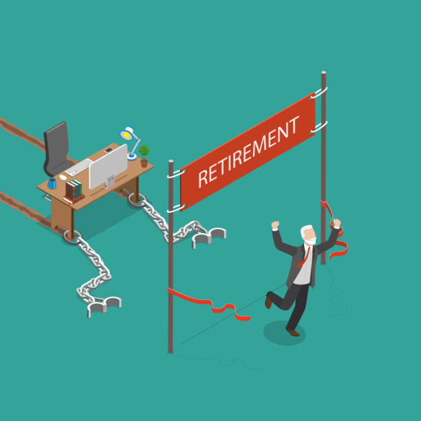 Retirement vector flat isometric illustration. Retirement vector flat isometric illustration. Man was chained to his work desk and was pulling it many years. Finally he has reached his retirement and he is very happy. retirement plan document stock illustrations