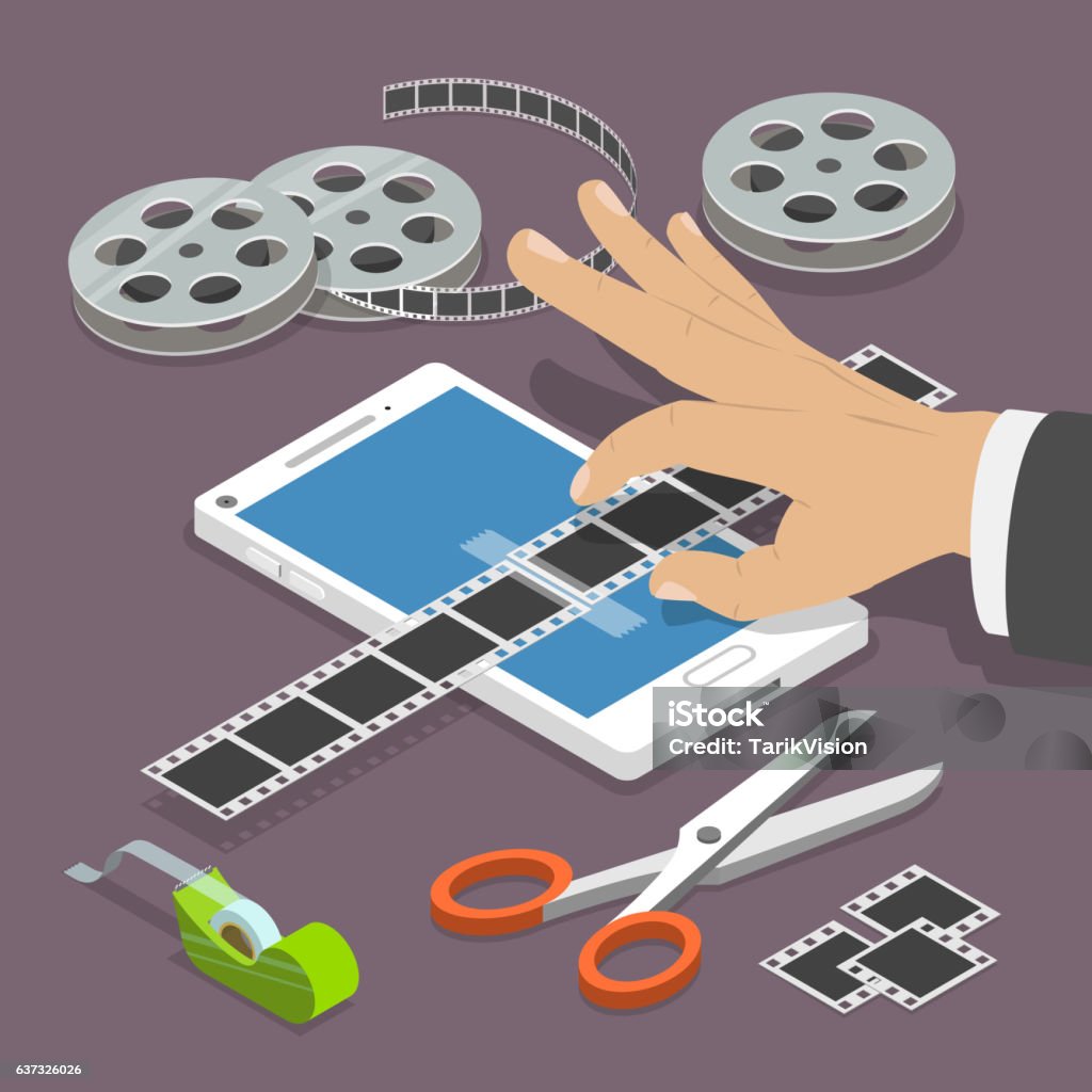 Mobile video editor flat vector isometric concept. Mobile video editor flat vector isometric concept. Man's hand scotch-tapes a film tape on the smartphone surrounded by some equipment. Home Video Camera stock vector