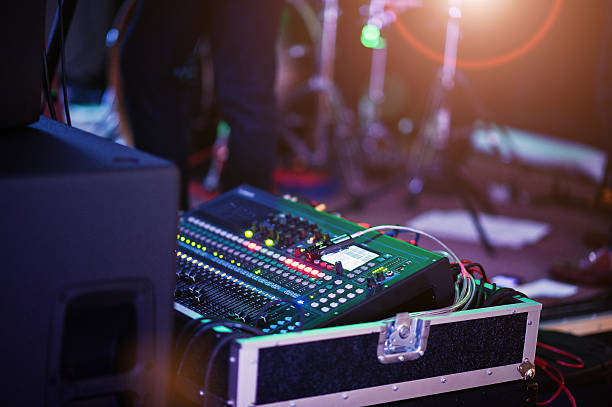 istock Digital mixing console. Sound mixer control panel, closeup of au 637326758