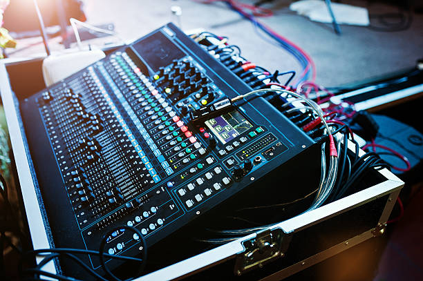 istock Digital mixing console. Sound mixer control panel, closeup of au 637326824