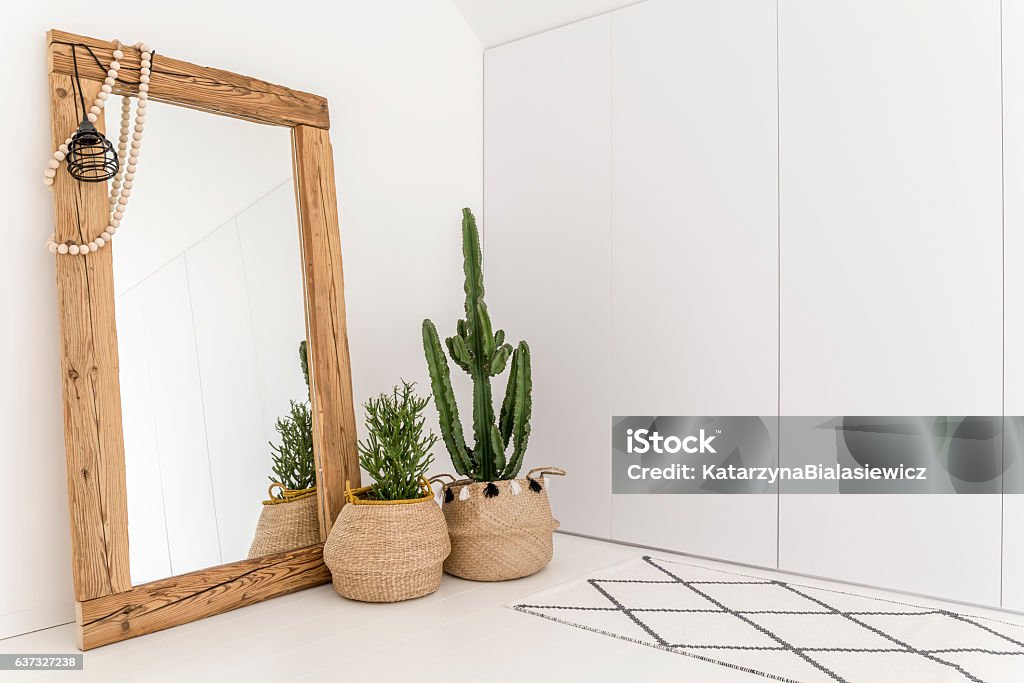 Room with mirror and cactus White room with mirror with wooden frame and decorative cactus Mirror - Object Stock Photo