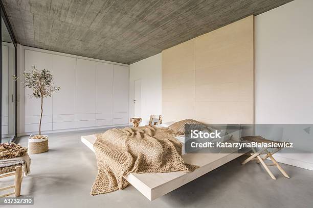 Bedroom With Wooden Ceiling Stock Photo - Download Image Now - Bedroom, Ceiling, Sparse