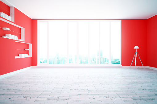 Bright red room with bookshelves and city view. 3D Rendering
